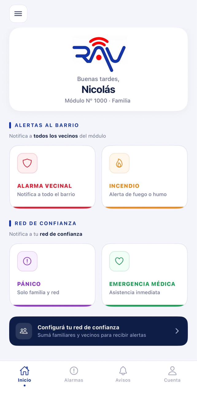 Pantalla principal de la app RAV